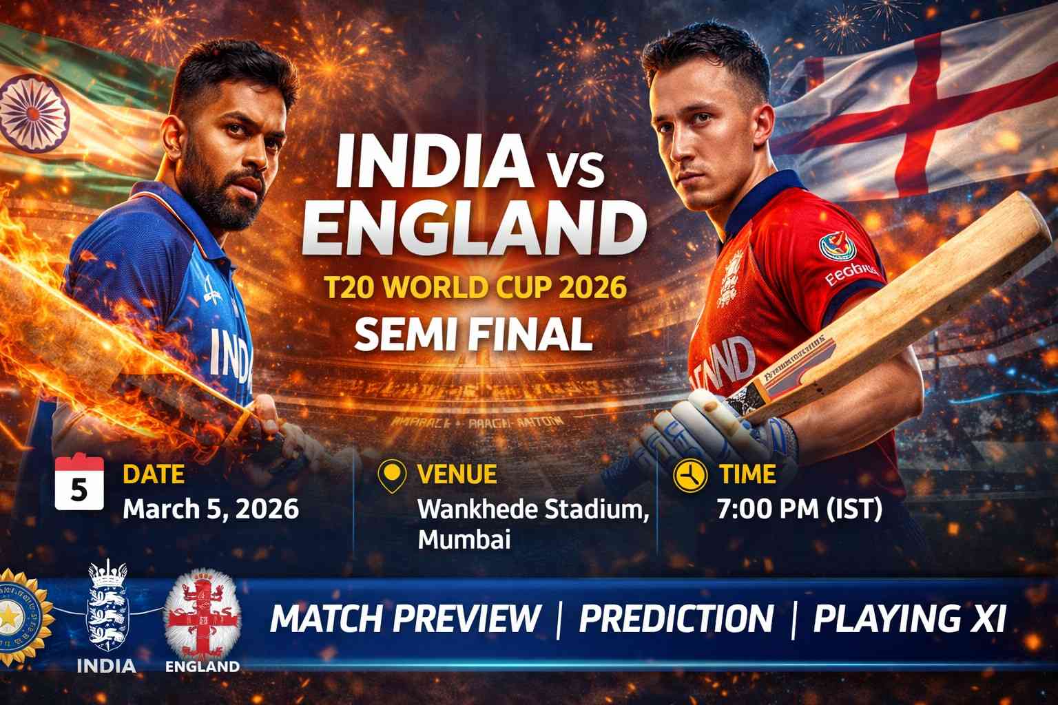 India vs England T20 World Cup 2026 Semi Final: Match Preview, Probable XI, Pitch Report & Prediction
