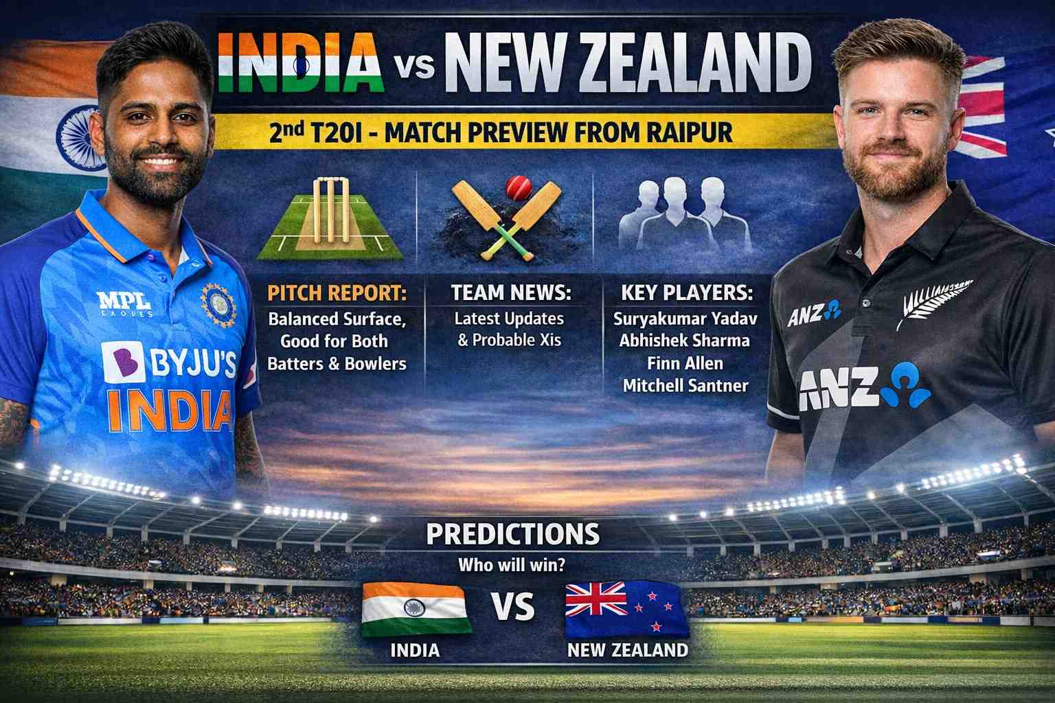 India vs New Zealand 2nd T20I Preview, Raipur | Date & Probable XI