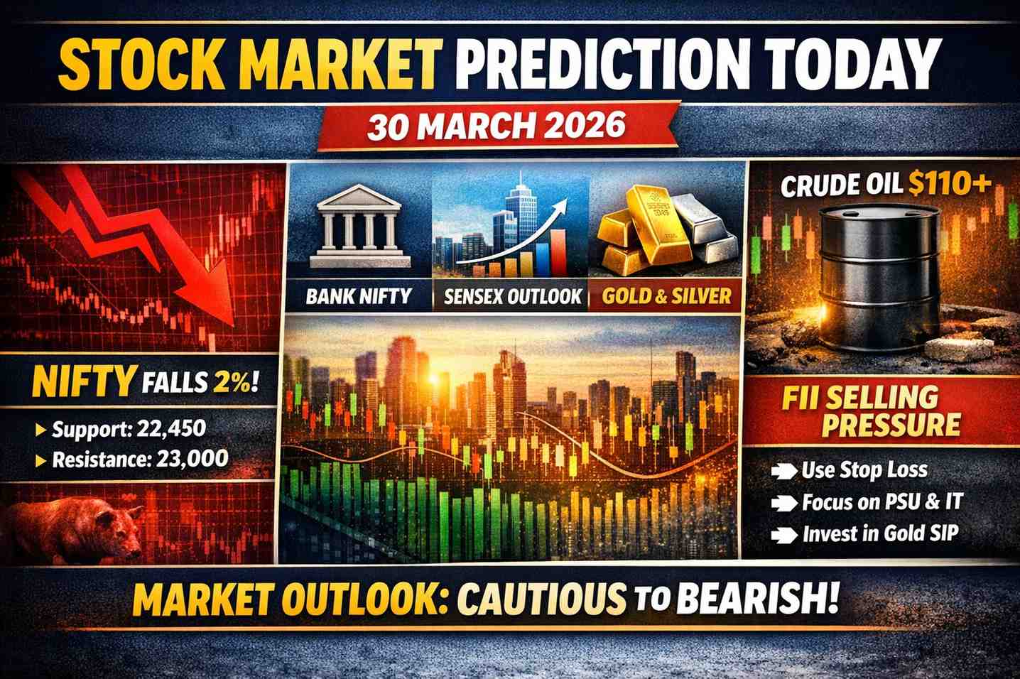 Stock Market Prediction Today (March 30, 2026): Nifty, Bank Nifty, Sensex, Gold & Silver Outlook