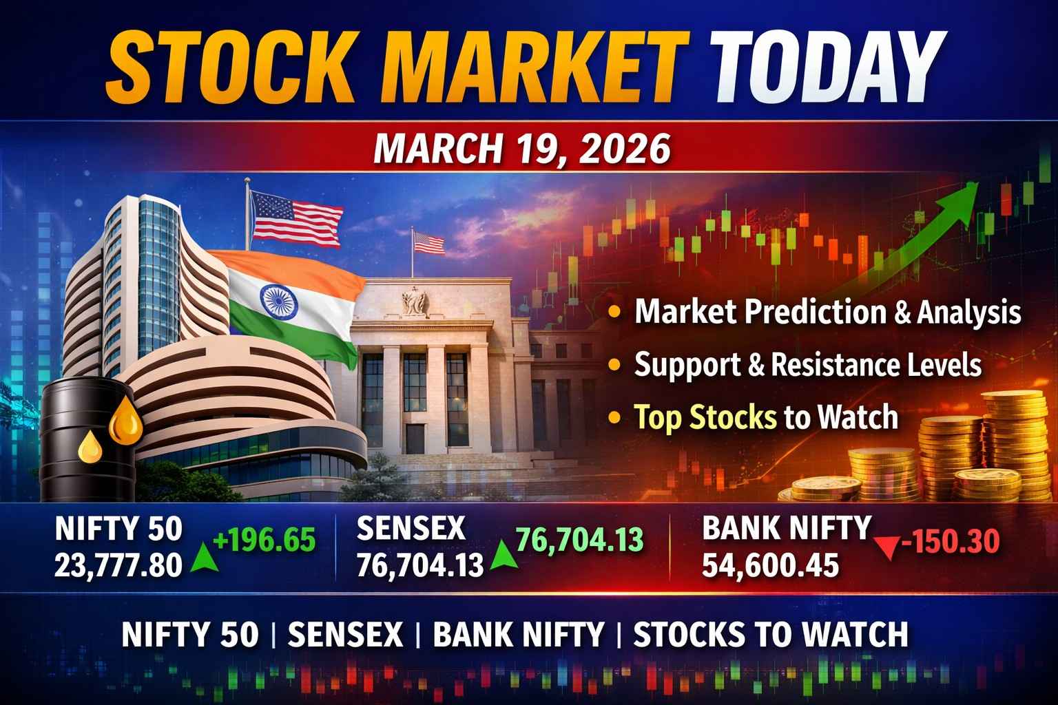 Stock Market Today (March 19, 2026): Nifty 50, Sensex, Bank Nifty Prediction, Support & Resistance, Top Stocks to Watch